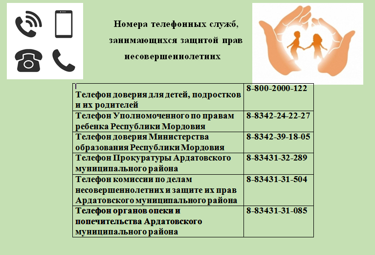 Номера телефонных служб, занимающихся защитой прав                 несовершеннолетних